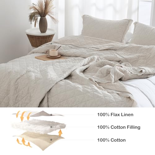 HORIMOTE HOME 100% Linen Front/100% Cotton Back Quilt Set Twin Size, Beige Pre-Washed European Flax Linen Quilt, Diamond Stitch Bedspread Coverlet Bedding Set 2-Piece for All Seasons HORIMOTE HOME