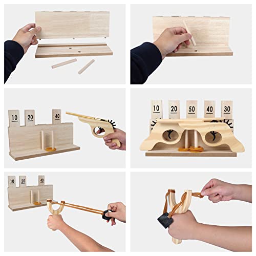 Offelec Wooden Multi-Shot Rubber Band Gun Pistol Handgun and Catapult Game with Wooden Number Target Stand for Kids and Adults. Party and Family Offelec