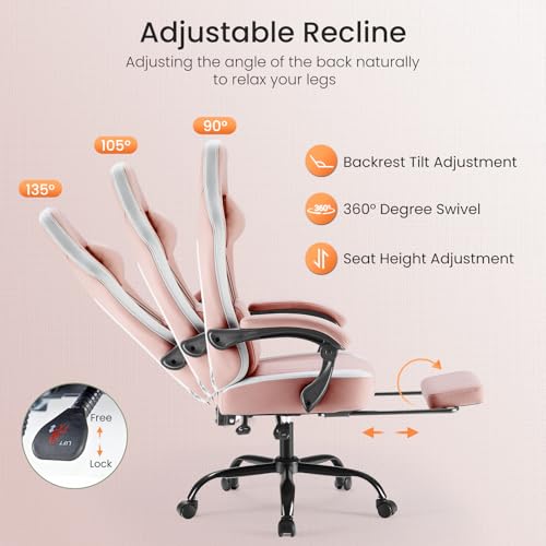 Sweetcrispy Computer Gaming Chair - High Back Ergonomic Desk Chair with Footrest and Lumbar Support, Height Adjustable Task Chair with Linkage Armrests and Headrest, 360° Swivel Wheels, Pink Sweetcrispy