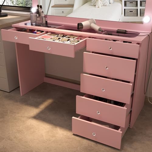 Boahaus Serena Large Makeup Vanity Desk with Hollywood Lights, 11 Drawers, Hair Dryer Hanger, USB Type-C & Type-A, 110V Power Outlet for Beauty Tools, Glass Top, Crystal Knobs – Premium Pink Finish Boahaus