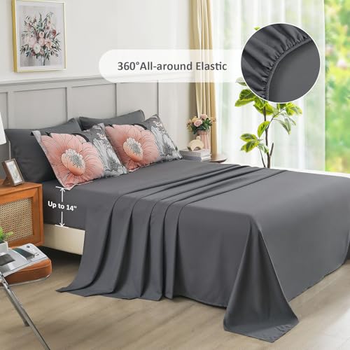 Xruibed King Comforter Set 7 Pieces Grey Floral Comforter Set King Size Bed in a Bag Flower Bedding Sets Lightweight Boho Bed Set with Sheet,Pillowcases&Shams for All Season Xruibed