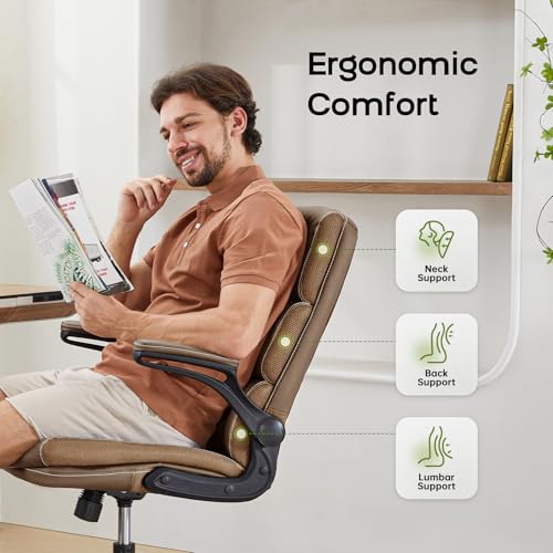 Office Chair Adjustable Desk Chair Mid Back Executive Comfortable Bonded Leather Ergonomic Back Support Home Computer Chairs with Padded Flip-up Armrest Swivel Wheels (Tan) amseatec