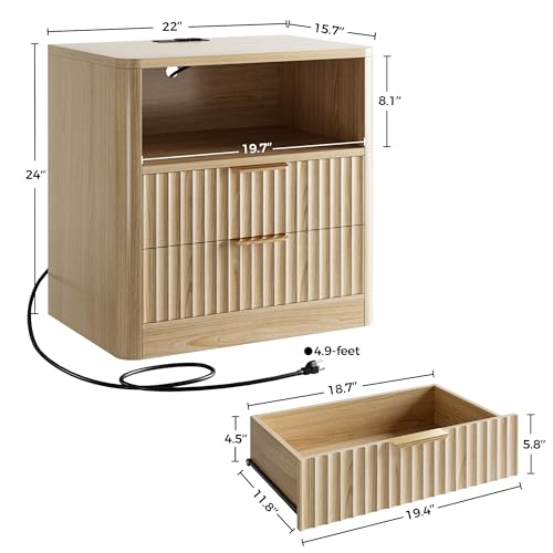IRONCK Fluted Night Stand Set of 2, Modern Nightstand with Charging Station, Drawers and Open Shelves - Bedside Table Wood Side Table Set for Bedroom IRONCK