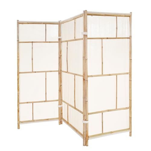 Handcrafted Bamboo 3 Panel Folding Room Divider Privacy Screen, Freestanding 6 Feet Tall Decorative Room Separator, Ecru 100% Cotton Fabric Statra