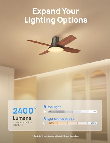 Dreo Ceiling Fans with Lights and Remote, 44 inch Low Profile Black Ceiling Fan, Reversible, 5CCT, 6-Level Dimmable, 6 Speeds Bedroom Ceiling Fan, Quiet, Easy to Install, Timer, Flush Mount Dreo