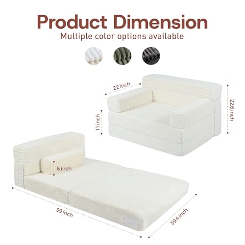 YEPDIN Folding Sofa Bed,Convertible Sofa Bed with Armrest Foldable Sleeper Chair, Portable Folding 4-in-1 Floor Sofa with Convertible Lounge Chair for Living Room,Bedroom,Washable Cover,White Single YEPDIN