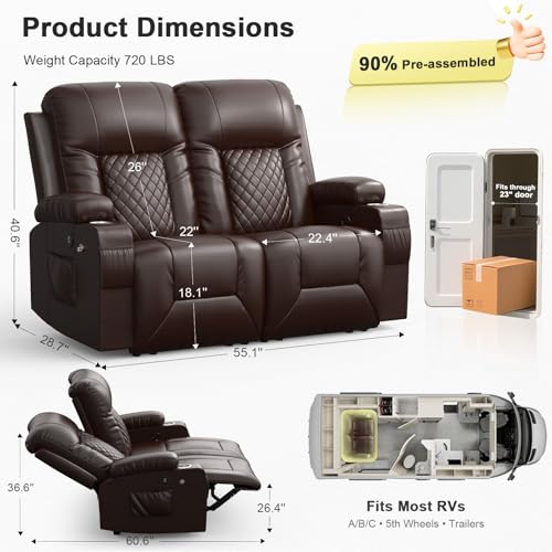 MOSGAT RV Loveseat Recliner Sofa, Reclining Loveseat Wall Hugger Recliners with USB Ports, Cup Holders, Insert Pockets, RV Recliners for Travel Trailers & Living Room, RV Furniture | RV Couch | Brown