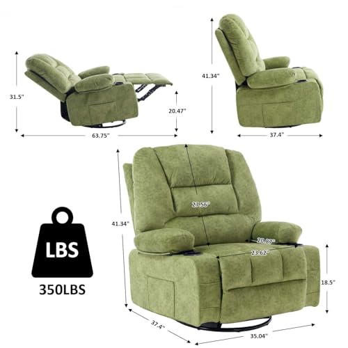 KCQ Oversized Swivel Rocker Recliner Chair with Massage Heat Cup Holders Overstuffed Fabric Reclining Glider Chairs for Nursery Manual Rocking Recliner, Green
