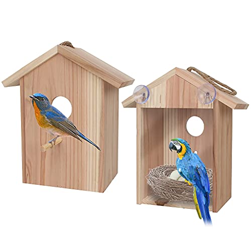 Window Birdhouse for Outdoor Hanging Natural Wood Bird House with Suction Cups for Garden Decor Bird Houses for Outside Clearance CHIUEAST