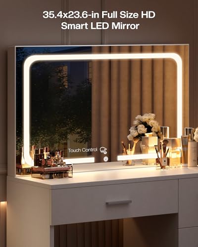 LIVELYGLOW Makeup Vanity Desk Set, White, 35.4“W x 15.7" D x 53.9" H (Large Smart LED Mirror, with Cushion Stool, Hairdryer Rack, Power-Outlet, 4 Drawers) LIVELYGLOW