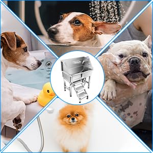 WSSEY 34'' Dog Washing Station for Small Dogs Grooming Tub Bathing Station Professional Pet Wash Station Bathtub for Home with Sliding Door, Faucet, Steps WSSEY