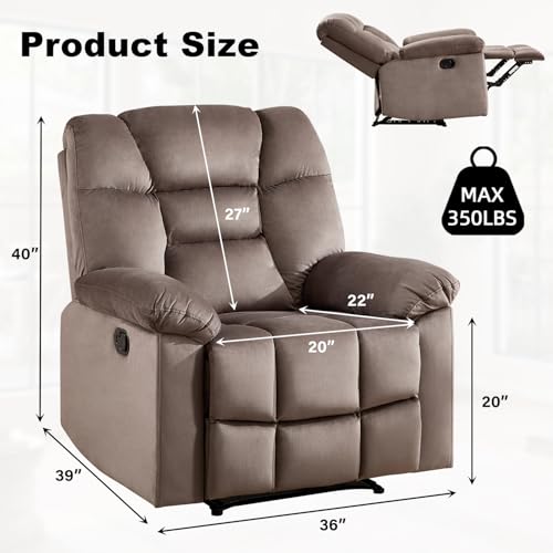 CANMOV Manual Recliner Single Sofa, Wall-Hugger Reclining Couch, Upholstered Sofa Chair with Armrests, Fabric Reclining Couch with Soft Cushion for Living Room (Brown, 36" W)