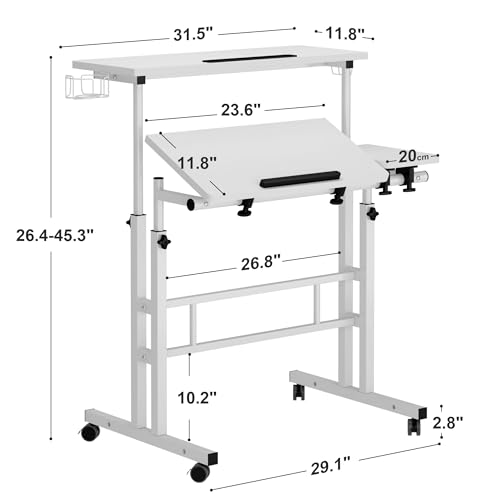 SogesHome 31.5 inch Mobile Standing Desk Adjustable Computer Desk Rolling Laptop Cart Portable Laptop Stand on Wheels Home Office Workstation with Cup Holder,Headphone Holder, Upgrade White SogesHome