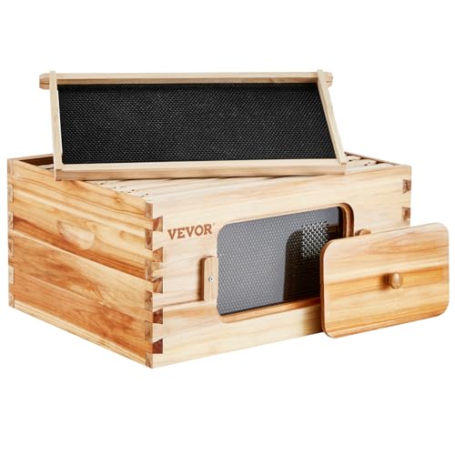 VEVOR Bee Hive Deep Box Starter Kit, 100% Beeswax Coated Natural Cedar Wood, Langstroth Beehive Kit with 10 Frames and Foundations, Transparent Acrylic Bee Windows for Beginners and Pro Beekeepers VEVOR