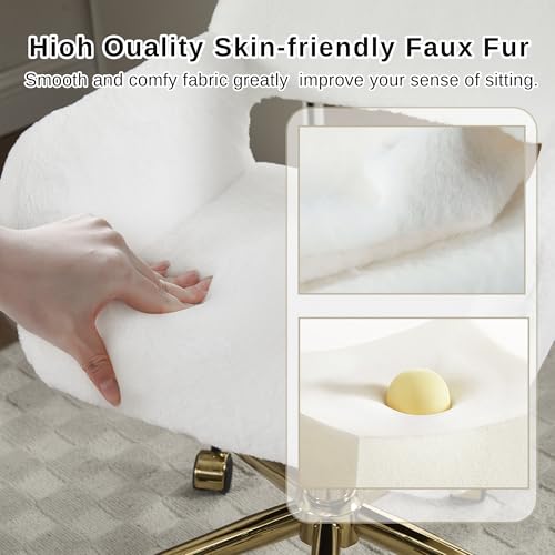 HENGJIANYI Faux Fur Swivel Desk Chair, Modern Fluffy Makeup Vanity Chair, Height Adjustable Armchair with Gold Base, Ergonomic Office Chair with Hollowed Back, White HENGJIANYI