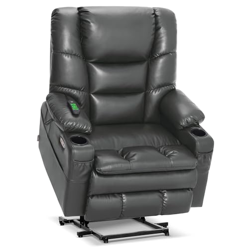 MCombo Big Man Power Lay Flat Lift Chair, Oversized Triple Motor Power Lift Recliner with Massage & Dual Heating, Adjustable Headrest, Faux Leather R7635 (Dark Grey, Large-Oversize)