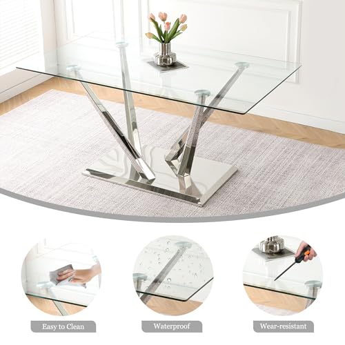 HAIZAO 63'' Rectangular Glass Dining Table for 4-6, Luxury Kitchen Table with Tempered Glass and Aesthetic Silver Stainless Steel Base, Modern Dinner Table for Home, Apartment HAIZAO