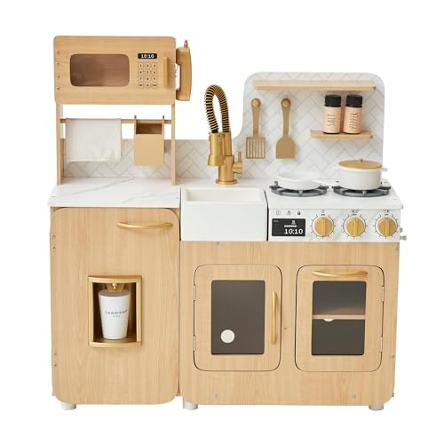 Teamson Kids Little Chef Cyprus Medium Wooden Play Kitchen with Interactive, Realistic Features, and 14 Kitchen Accessories for 3yrs and up, Light Oak/Faux White Marble/Gold Teamson Kids