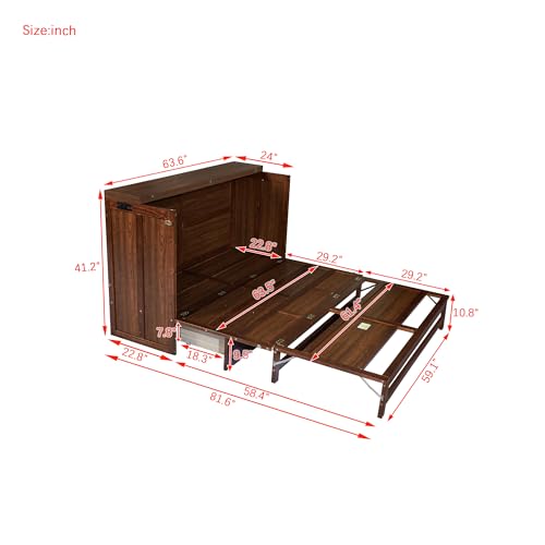Bellemave Queen Murphy Bed with Storage Drawer and Charging Station, Cabinet Bed, Farmhouse Murphy Cabinet with Foldable Panel, Noisy Free, for Guest Bedroom, Living Room, Walnut+Walnut Panel