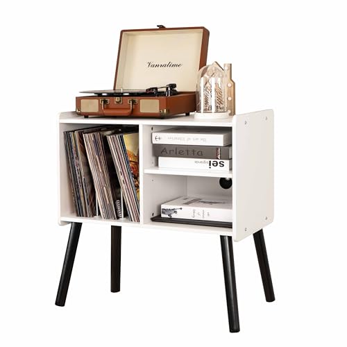 BEROXII Record Player Stand, Mid-Century Record Player Table with Storage Hold Up to 150 Albums , Vinyl Record Cabinet with Adjustable Shelves , Wood Turntable Stand for Living Room Bedroom, (White) BEROXII