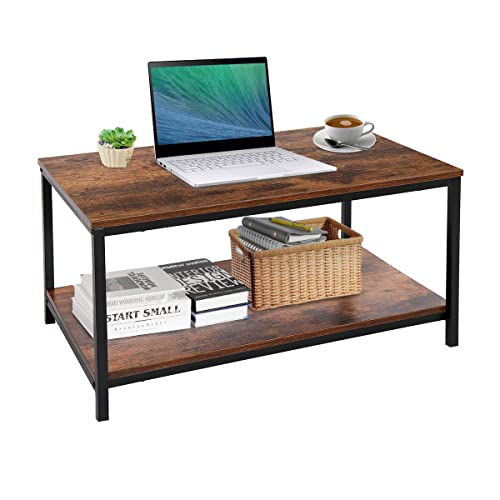 ZenStyle Industrial Coffee Table with Storage Shelf for Living Room, Wood Look Accent Furniture with Vintage Wooden Board Stable Metal Frame Cocktail Table 2-Tier Tea Table, Rustic Brown ZenStyle