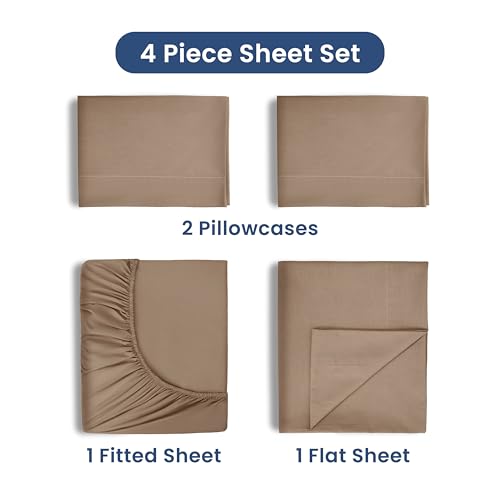 4 Piece Queen Bed Sheets Set | Queen Bed Sheets – Light Weight, Soft Breathable Sheets | Brushed Cotton Rich Blend | Secure-Fit, Wrinkle Resistant, Durable, Easy Care Bed Sheets | Comfy Sheets | Beige Martex