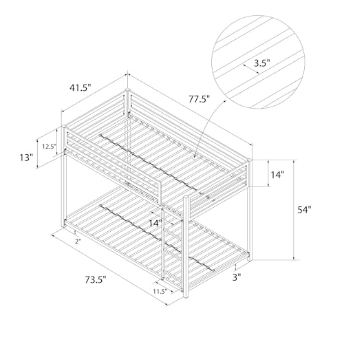 DHP Miles Low Metal Bunk Bed Frame for Kids, With Built-in Ladder, High Guardrail and Metal Slats, Floor Bed Bottom Bunk, No Boxspring Required, For Small Spaces, Twin-Over-Twin, Black DHP