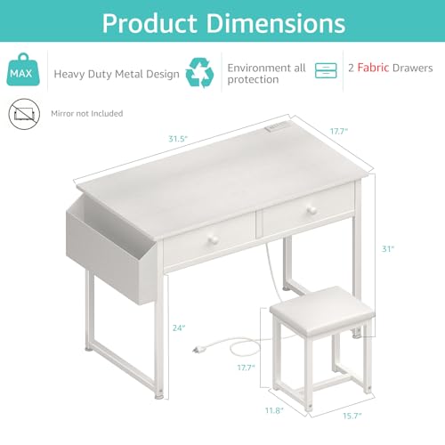 KAI-ROAD White Makeup Vanity Desk with Chair no Mirror, Small Vanity Table with Fabric Drawers, Power Outlet & Stool Without Mirror, Modern Make Up Desk Set for Bedroom KAI-ROAD