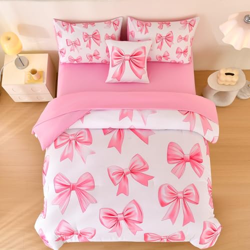 Tasselily 6 Pcs Bed in A Bag Full Comforter Set for Girls,Pink Bow Bedding,Bow Comforter Sets with Sheets for Kids Tasselily