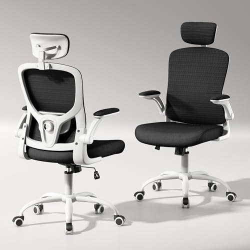 TLLMOON Ergonomic Office Chair with Headrest,Adjustable Back and Lumbar Support, Arm Rest Computer Chair Adults,90-120° Tilt Lock Rolling Swivel,Home Office Task Chair(White-Black) TLLMOON