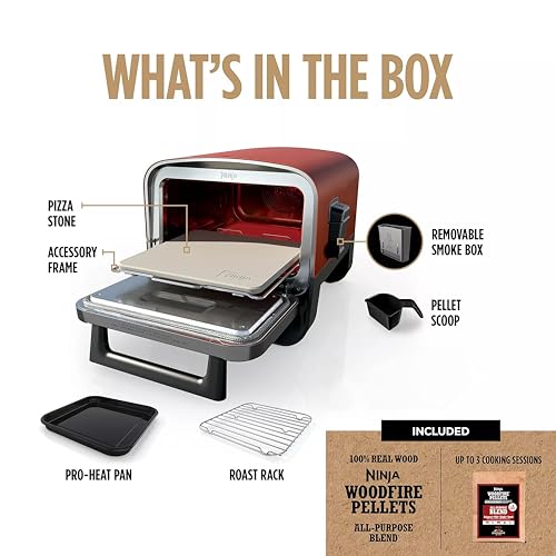 Ninja Woodfire Outdoor Pizza Oven, 8-in-1 Portable Electric Roaster Oven, Heats up to 700°F, 5 Artisan Pizza Settings, Integrated BBQ Smoker Box, Includes Flavored Wood Pellets, Red (Renewed) Ninja
