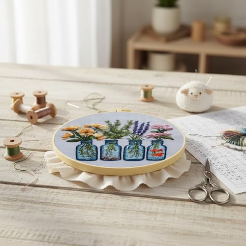 FRANDEK DIY Four Vase Bouquets Embroidery Kit for Beginner, Stamped Handicraft Needlework Set, Full Thread Palette with Needles & Fabric for Adults, Artisan Handmade Home Decor Gift