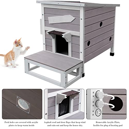 HiCaptain Outdoor Cat House, Weatherproof Feral Cat House with Escape Door, Outside Wooden Single Story Pet House for Cats, Puppies and Small Pet - Grey HiCaptain