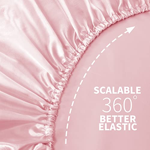 NSGZ Pink Satin Fitted Sheet Only, Silky Full Fitted Bed Sheet Soft Deep Pocket Single Bottom Bed Sheets, Wrinkle Free & Fade Resistant & Breathable Bedding Fitted Sheet Sold Separately NSGZ