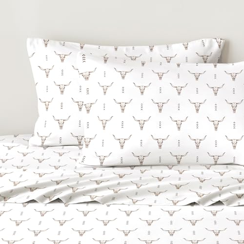 Wake In Cloud - Western Bed Sheets, 4-Piece Sheet Set, Southwestern Rustic Bull Head Aztec Style Pattern Printed Bedding, Deep Pocket, Brown White, Full Size Wake In Cloud