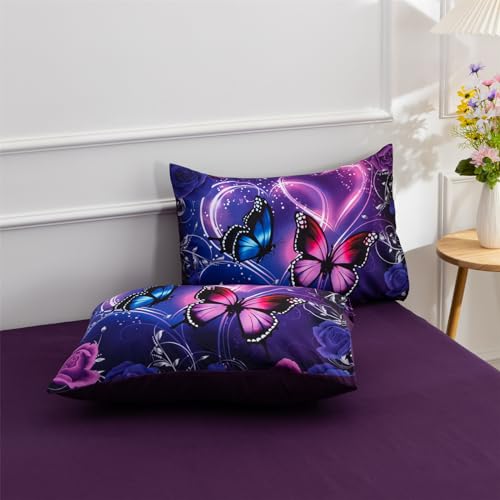 A Nice Night Galaxy 6pcs Bed in a Bag Purple and Blue Dreamy 3D Butterfly Printed, Butterflies Bedding Full Comforter Set, for Girls Kids Teens A Nice Night