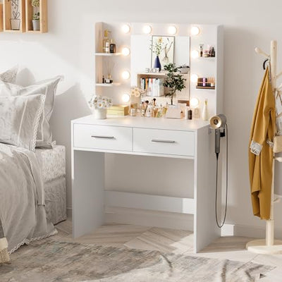 JUMMICO Makeup Vanity Desk with Mirror and Lights Power Outlet, Vanity Table Makeup Desk 2 Drawers, 6 Storage Shelves Hairdryer Holder & Bench Dressing Table for Bedroom (White, No Bench)