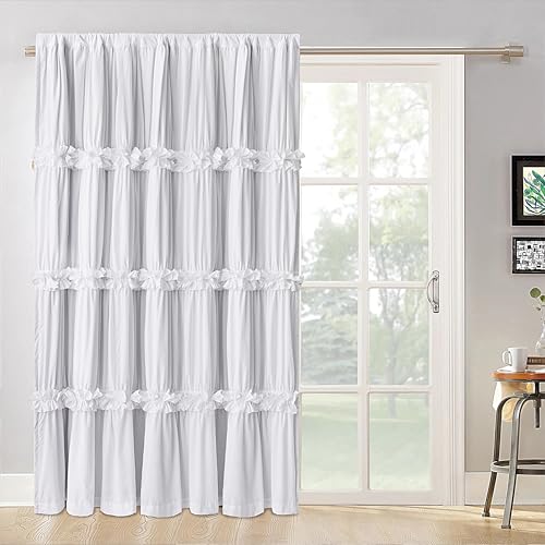 Homechoice Decor Room Divider Curtains, Boho Ruched Blackout Window Treatments with 3 Rows of Butterfly Flowers, Rustic Rod Pocket Sliding Door Curtains, 100" W x 84" L, White (LQ-30) Homechoice Decor