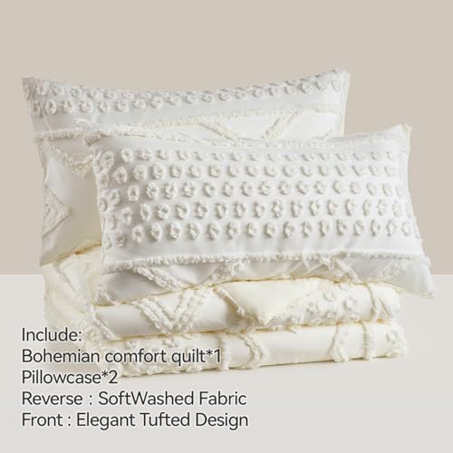 YIXWZAS Boho Queen Comforter Set Beige with Sheets, 3 Pieces Tufted Queen Comforter Sets Boho Bedding Cream Soft Warm Neutral Comforter Sets for All Seasons YIXWZAS