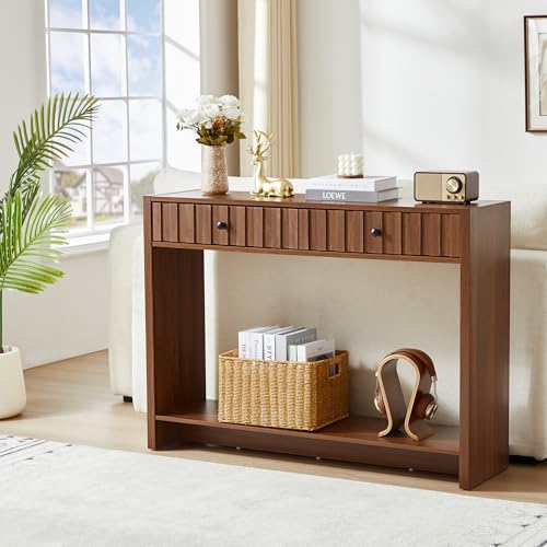 RUSTYER Console Table with Drawers, Narrow Mid-Century Fluted Entryway Table Sofa Table with Storage Shelf, Wood Entry Table Accent Behind Couch Table for Entrance, Hallway, Living Room (Walnut) RUSTYER