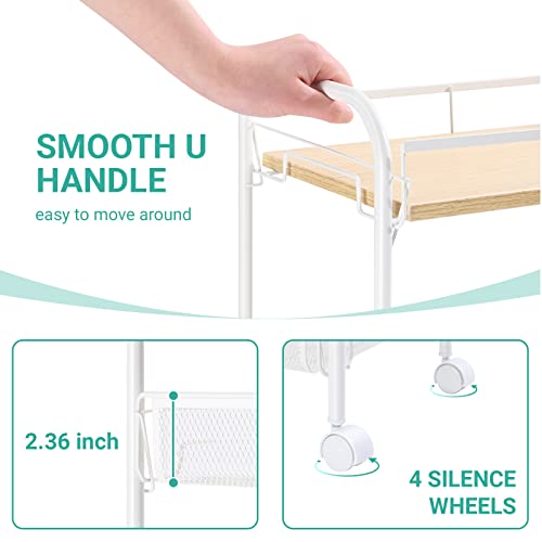 KINGRACK 4-Tier Rolling Cart,Metal Utility Cart with Wooden Tabletop,Easy Assemble Mobile Storage Trolley On Wheels,Craft Storage Cart for Bedroom Kid's Room Office Kitchen Bathroom,White KINGRACK