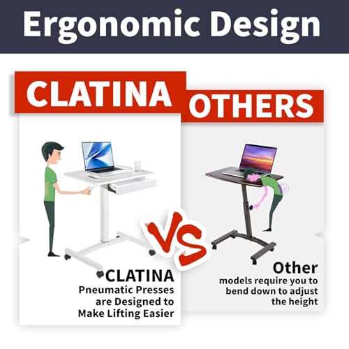 CLATINA Mobile Laptop Standing Desk, Height Adjustable Teacher Podium with Lockable Wheels, Adjustable Work Table with Drawer, Computer Cart Overbed Table for Home Office Classroom, White CLATINA