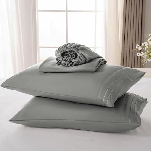 ROSE&RISY Light Grey Twin Sheet Set, 3 Pieces Soft Bedding Queen Sheet Set, Breathable and Cooling,Includes 1 Fitted, 1 Flat, 1 Pillowcase - Deep Pocket (Light Grey, Twin) ROSE&RISY