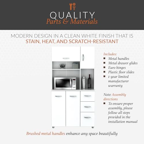 Inval, 71" H x 23.6" W x 17.1" D, White Kitchen Microwave Storage Cabinet with 3 Drawers, Kitchenette Standing Pantry Inval