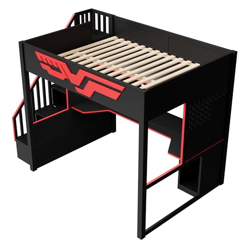 Merax Full Size Gaming Loft Bed with Desk, Wood Loft Bed Frame with LED Light, Charging Station, and Storage Staircase, for Kids, Teens, Boys Girls,Black Merax