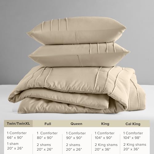 Comfort Spaces Khaki Twin Size Comforter Set - 2 Pieces Pintuck Pleated Bedding Sets, All Season Lightweight, Extra Softness Pre-Washed Microfiber Twin Bed Set, Shams, Twin Comfort Spaces
