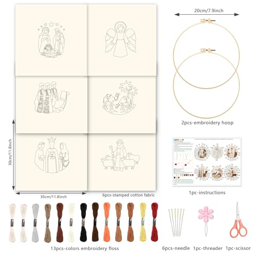 INFUNLY 6 PCS Nativity Scene Embroidery Kits for Beginners DIY Cross Stitch Starter Sets with Instructions Angel Camel Pattern Christmas Needlepoint Kits with Embroidery Cloth Colored Threads Hoops