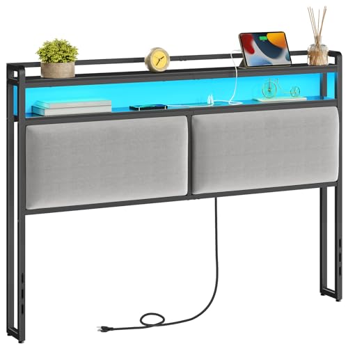 HOOBRO Queen Size Upholstered Headboard, Storage Headboard with Charging Station and Adjustable LED Lights, 2 Standard Outlets and 2 USB Ports, Queen Headboard Only, Easy Assembly, Black and Gray HOOBRO