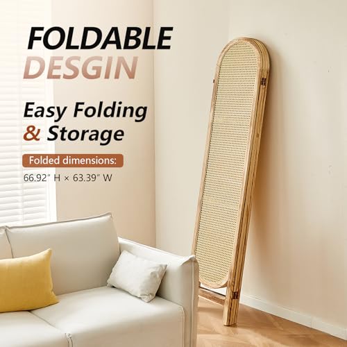 Aletheiawu 4 Panel Room Divider, 5.6 Ft Foldable Wood Room Divider Screen, Hand-Woven Rattan Folding Privacy Screens with Double Hinges, Wall Divider for Room Separation Bedroom Home Office - Natural Aletheiawu