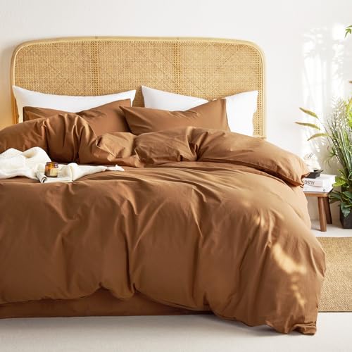 Wake In Cloud - Cotton Duvet Cover Set, Queen Size, Caramel Terracotta, 100% Washed Cotton, Linen Like Textured, Breathable Percale Durable Comfy Farmhouse Neutral Bedding Set, 3 Pieces Wake In Cloud